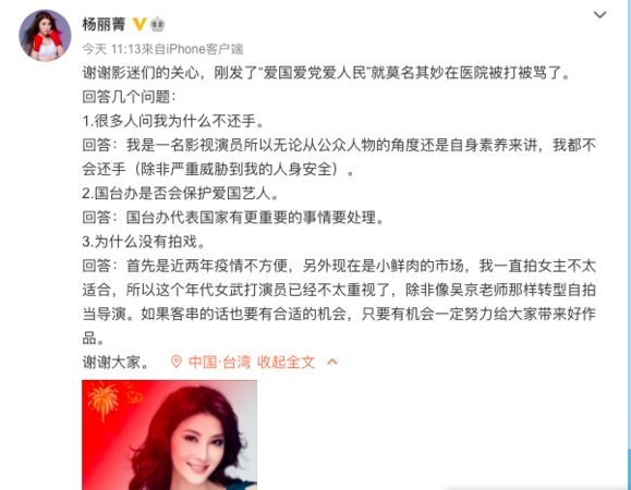 杨丽菁揭被殴真相  顾忌明星身分才不还手