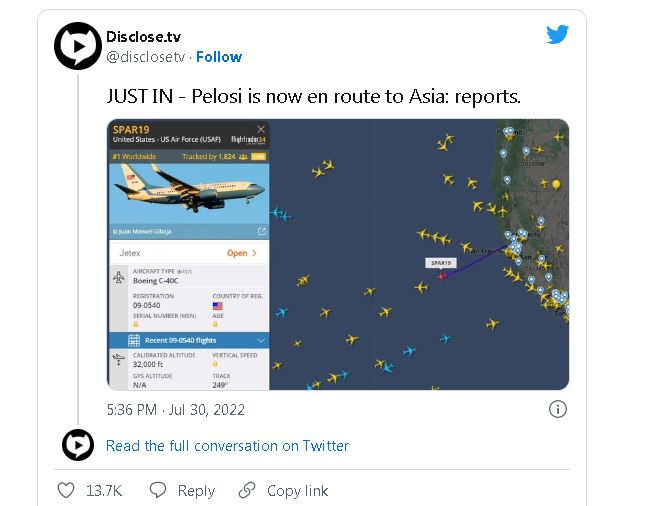 10万人航班网实时追踪佩洛西专机