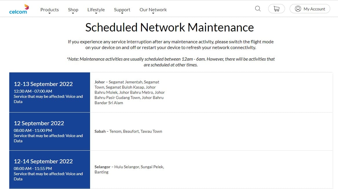 今日起定期维修4天！Celcom及Maxis服务或会中断