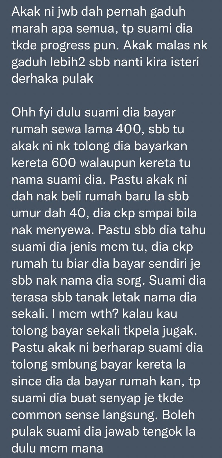 妻子薪水多RM1000得供房车 丈夫不付钱却要求房子加名