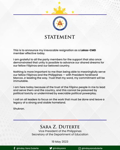 菲律賓副總統薩拉退黨　外媒：小馬可斯盟友之間現分歧