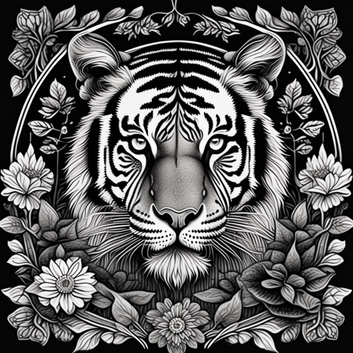 Prompt: Immersive, captivating, grayscale coloring, featuring a tiger in the tranquil mandala forest. The image is composed of lines and brushstrokes.