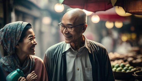 Asian Senior Couple Lifestyle Traveling in the City Street Conce