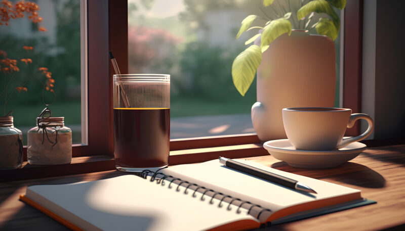 A cup of coffee and a notebook on the window. 3d rendering