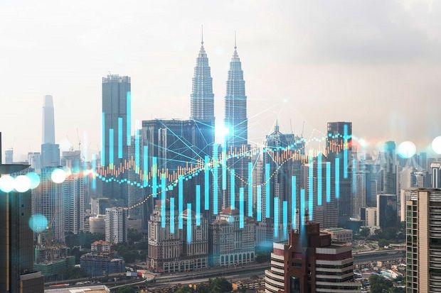 Forex and stock market chart hologram over panorama city view of Kuala Lumpur. KL is the financial center in Malaysia, Asia. The concept of international trading. Double exposure.