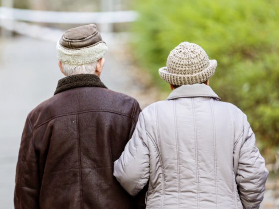 Elderly couple walking in the park