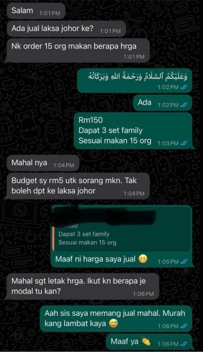 15人份Laksa Johor RM150不合理？
卖家：嫌贵就自己煮