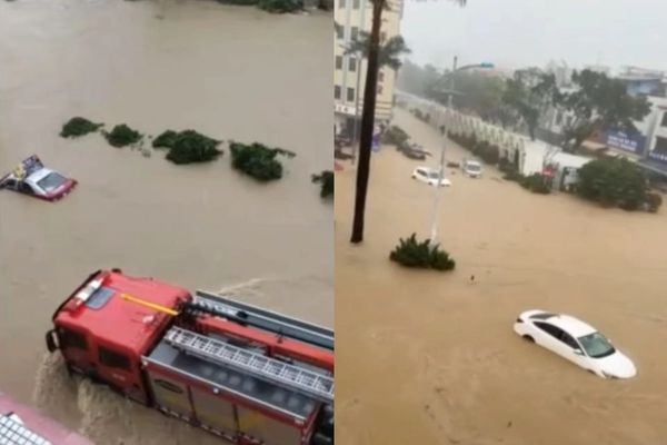 中山多地暴雨洪涝 大学附属第五医院出现巨大瀑布