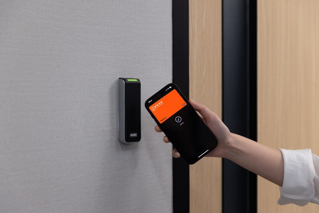 (Photo 4: Gain access to secured area with a simple tap of an iPhone or Apple Watch on a door’s NFC-enabled lock)