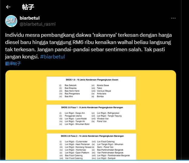   柴油涨价蔬菜供应罗里司机额外承担6千？Biar Betul：信息毫无根据