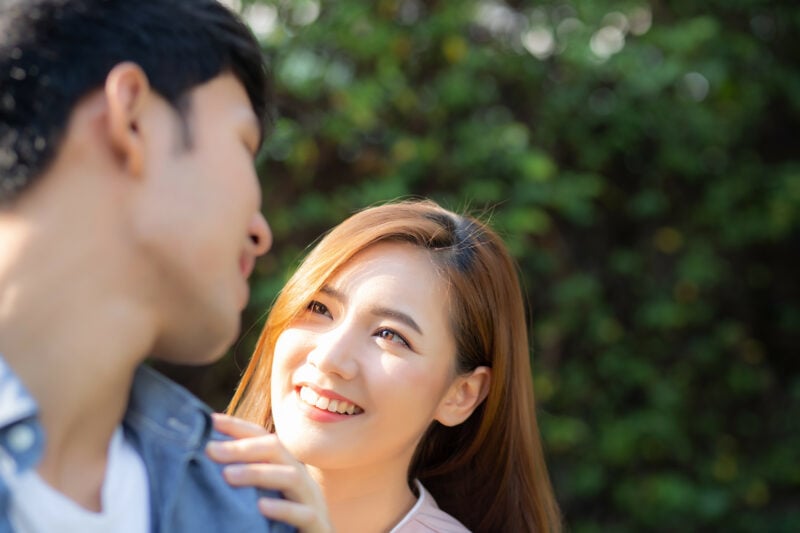 Beautiful Portrait Couple Looking Each Others Eyes And Smiling W