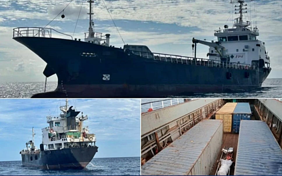 东：一艘载有香烟的货船非法停泊在我国海域被扣查。