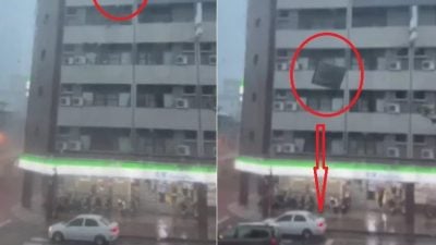 颱風格美襲臺 |  牆體6樓掉下砸轎車 母傷重亡兒搶救中