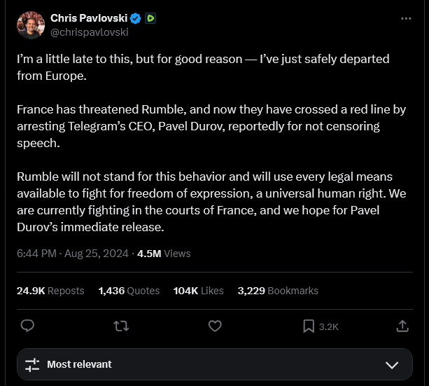 Telegram杜罗夫被捕　Rumble创办人斥法国越红线宣告离开欧洲