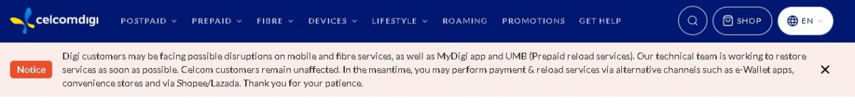 Digi服务今早一度中断 CelcomDigi向用户致歉