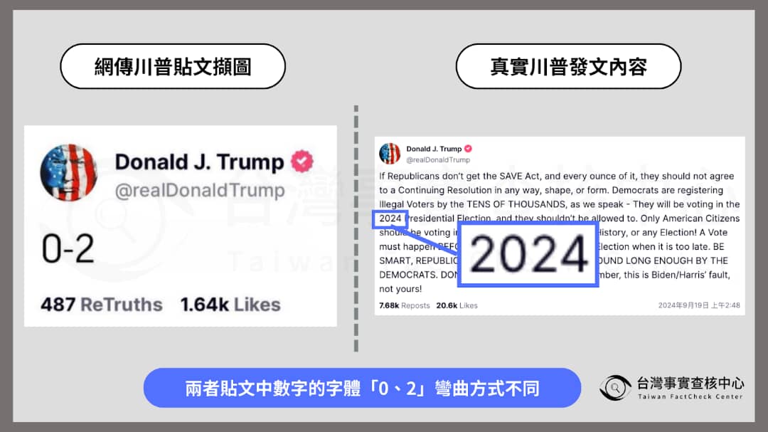  求真（全國版）美國共和黨總統候選人川普於9月15日二度遇刺未遂網絡就流傳一張截圖宣稱川普發文「0-2」實際上川普根本沒發佈這個資訊