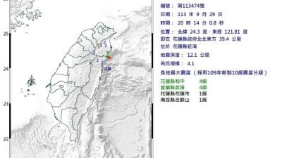 臺灣花蓮近海4.1級極淺層地震　最大震度4級