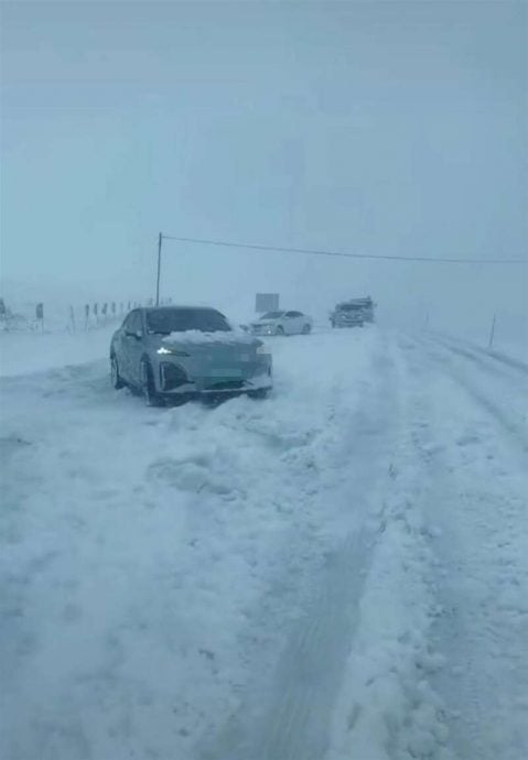 赏秋变看雪 内蒙突降大雪致多车被困  