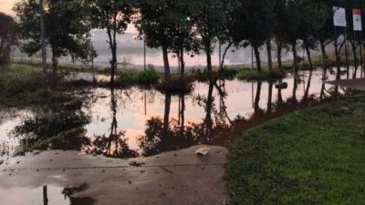 公園跑道積水 無奈墊置磚塊   居民晨運 輕功水上“跑”