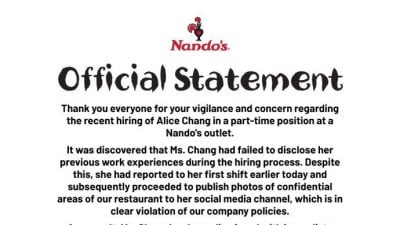 Alice Chang到烤雞連鎖店打工 Nando’s發文回應