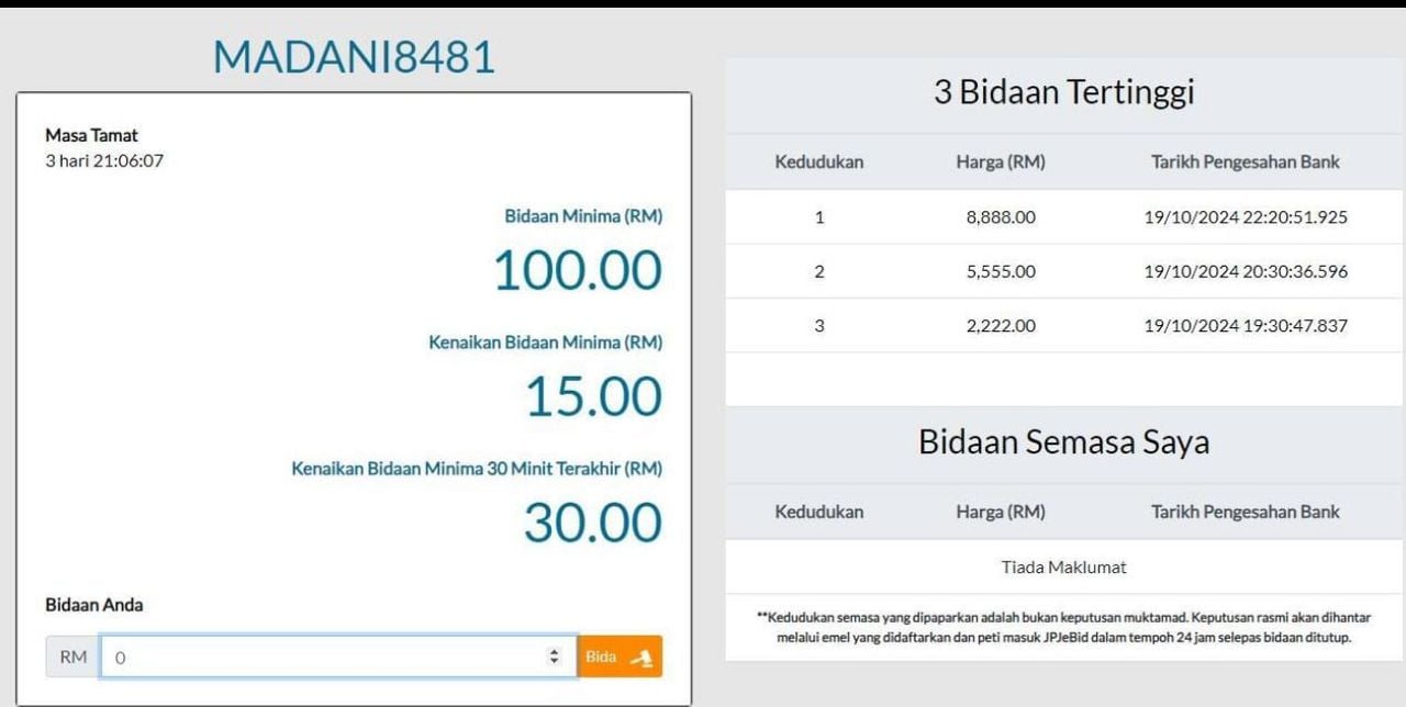 “MADANI8481”标价RM8888 网：号码什么意思？