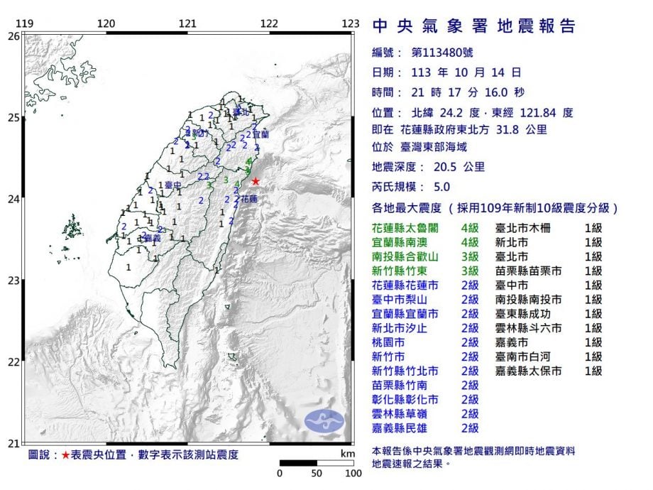 台湾东部海域发生5级地震　最大震度4级