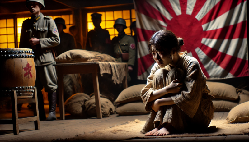 Dall·e 2024 10 01 21.58.19 A Tragic And Emotionally Intense Scene Set In Manchuria During World War Ii. In The Foreground, A Young Korean Comfort Woman Is Curled Up In The Corne