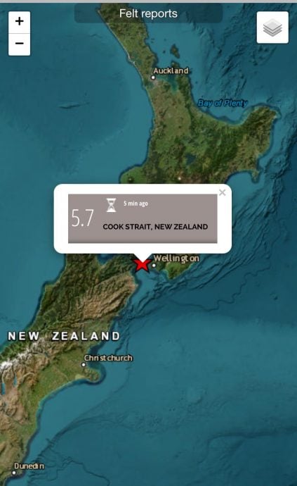纽西兰中部5.7级地震民众被惊醒 暂未有伤亡报告
