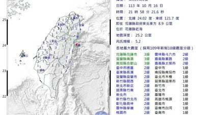 花蓮近海5.2級地震 最大震度3級