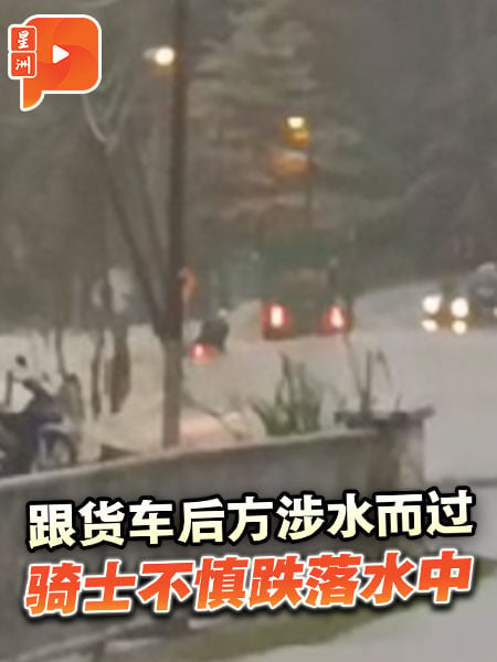 騎士跟貨車後方涉水而過 不慎跌落水中