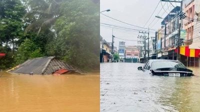 泰国南部暴雨肆虐！洪水吞没民宅瘫痪道路　灾民抱儿童救生圈逃命