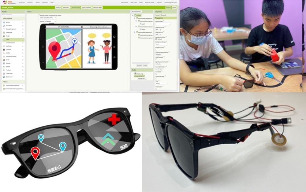 (From left, clockwise) Navigation function in Smart Vision, Team Smart Vision working on their prototype, Smart Vision prototype, Smart Vision mock-up