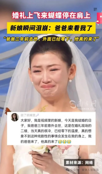 婚礼惊现蝴蝶停肩膀吻脸颊 新娘感动落泪：“爸爸没食言！”