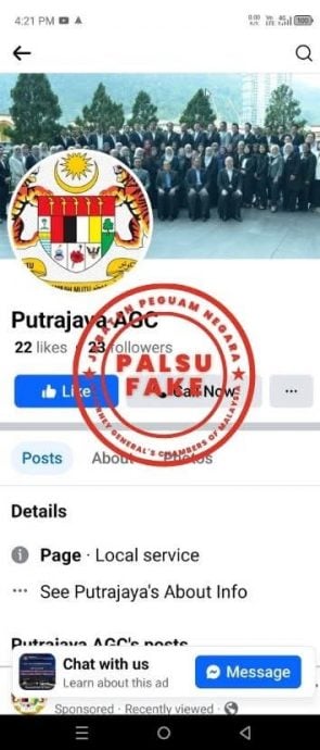 求真／总检察署：“Putrajaya AGC”为脸书假账号