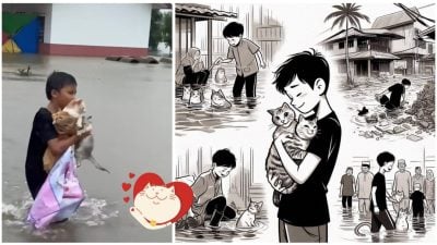 小男孩灾区救3奶猫 网民画漫画表扬