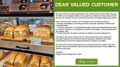 顾客斥超市面包店有蟑螂 Village Grocer道歉：已闭店消毒清理