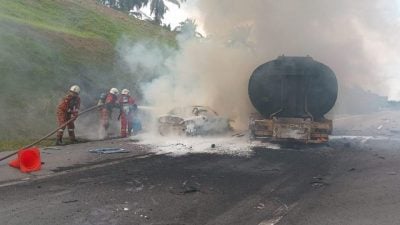 油槽车 宝马 罗里相撞 车祸后起火1人伤